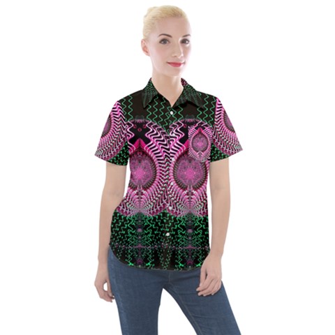 Fractal Traditional Fractal Hypnotic Women s Short Sleeve Pocket Shirt by Pakrebo