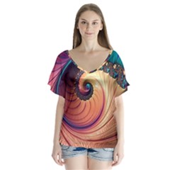 Fractal Multi Colored Fantasia V-neck Flutter Sleeve Top by Pakrebo