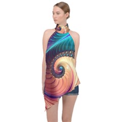 Fractal Multi Colored Fantasia Halter Asymmetric Satin Top by Pakrebo