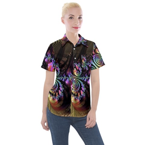 Fractal Colorful Background Women s Short Sleeve Pocket Shirt by Pakrebo