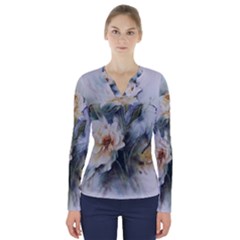 Roses Watercolour V-neck Long Sleeve Top by Pakrebo