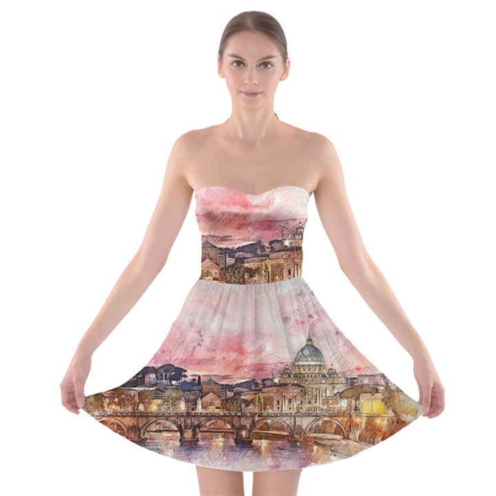 City Buildings Bridge Water River Strapless Bra Top Dress