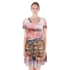 City Buildings Bridge Water River Short Sleeve V-neck Flare Dress by Pakrebo