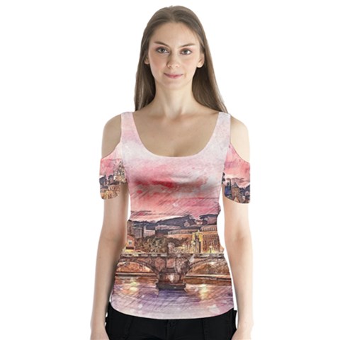 City Buildings Bridge Water River Butterfly Sleeve Cutout Tee  by Pakrebo