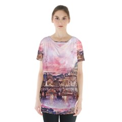 City Buildings Bridge Water River Skirt Hem Sports Top by Pakrebo