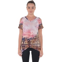 City Buildings Bridge Water River Cut Out Side Drop Tee by Pakrebo