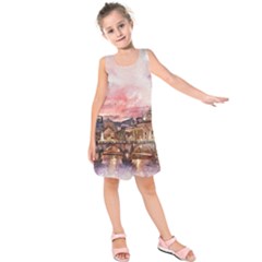 City Buildings Bridge Water River Kids  Sleeveless Dress by Pakrebo