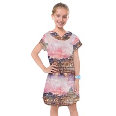 City Buildings Bridge Water River Kids  Drop Waist Dress by Pakrebo