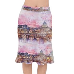 City Buildings Bridge Water River Short Mermaid Skirt by Pakrebo