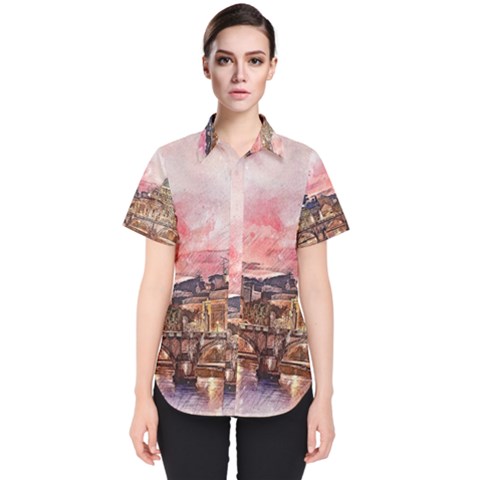 City Buildings Bridge Water River Women s Short Sleeve Shirt by Pakrebo