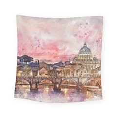 City Buildings Bridge Water River Square Tapestry (small) by Pakrebo