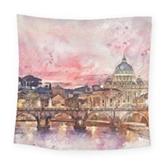 City Buildings Bridge Water River Square Tapestry (large) by Pakrebo