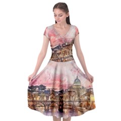 City Buildings Bridge Water River Cap Sleeve Wrap Front Dress