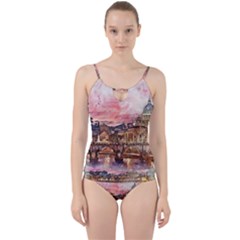 City Buildings Bridge Water River Cut Out Top Tankini Set by Pakrebo