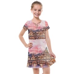 City Buildings Bridge Water River Kids  Cross Web Dress by Pakrebo