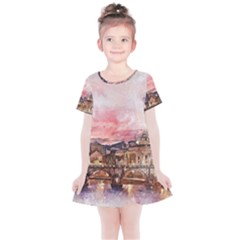 City Buildings Bridge Water River Kids  Simple Cotton Dress by Pakrebo