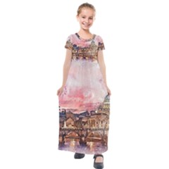 City Buildings Bridge Water River Kids  Short Sleeve Maxi Dress by Pakrebo