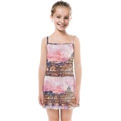 City Buildings Bridge Water River Kids  Summer Sun Dress by Pakrebo