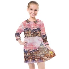 City Buildings Bridge Water River Kids  Quarter Sleeve Shirt Dress by Pakrebo