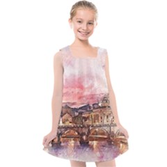 City Buildings Bridge Water River Kids  Cross Back Dress by Pakrebo