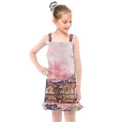 City Buildings Bridge Water River Kids  Overall Dress by Pakrebo