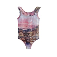 City Buildings Bridge Water River Kids  Frill Swimsuit by Pakrebo