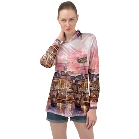 City Buildings Bridge Water River Long Sleeve Satin Shirt by Pakrebo