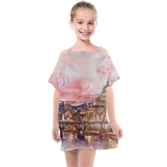 City Buildings Bridge Water River Kids  One Piece Chiffon Dress by Pakrebo