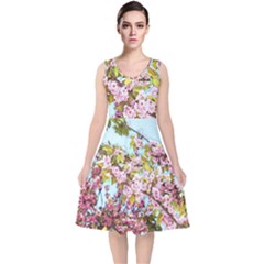 Spring Pink Floral Blue Sky V-neck Midi Sleeveless Dress 