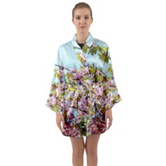 Spring Pink Floral Blue Sky Long Sleeve Kimono Robe by CashewDress