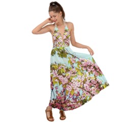 Spring Pink Floral Blue Sky Backless Maxi Beach Dress