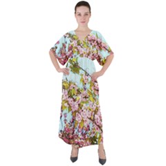 Spring Pink Floral Blue Sky V-neck Boho Style Maxi Dress by CashewDress