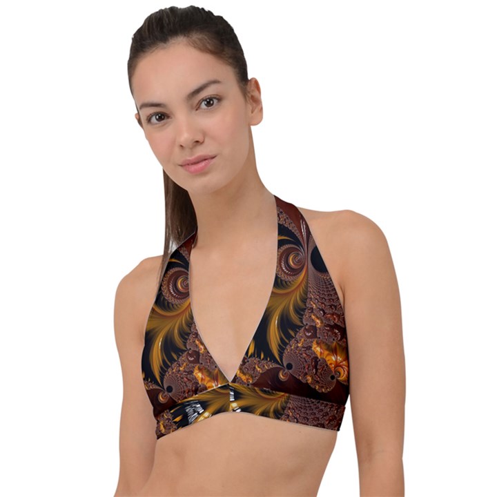 Fractal Brown Golden Intensive Halter Plunge Bikini Top