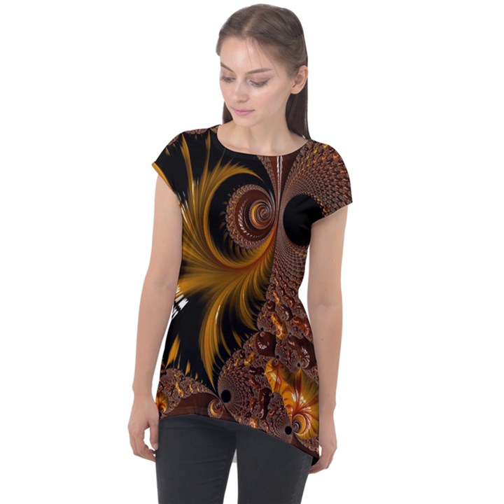 Fractal Brown Golden Intensive Cap Sleeve High Low Top