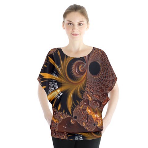 Fractal Brown Golden Intensive Batwing Chiffon Blouse by Pakrebo