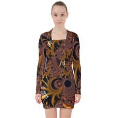 Fractal Brown Golden Intensive V-neck Bodycon Long Sleeve Dress