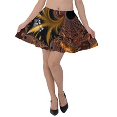 Fractal Brown Golden Intensive Velvet Skater Skirt by Pakrebo