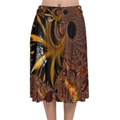 Fractal Brown Golden Intensive Velvet Flared Midi Skirt by Pakrebo