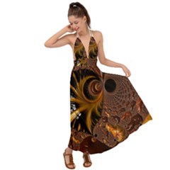 Fractal Brown Golden Intensive Backless Maxi Beach Dress by Pakrebo