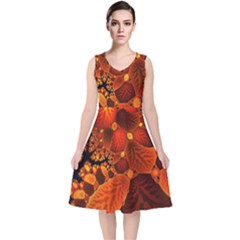 Leaf Autumn Nature Background V-neck Midi Sleeveless Dress  by Pakrebo