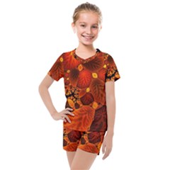 Leaf Autumn Nature Background Kids  Mesh Tee And Shorts Set