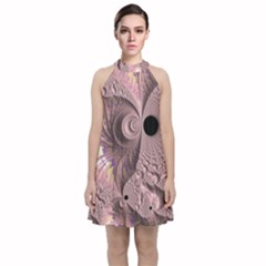 Fractal Tender Rose Cream Velvet Halter Neckline Dress 