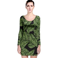 Leaves Pattern Tropical Green Long Sleeve Velvet Bodycon Dress by Pakrebo