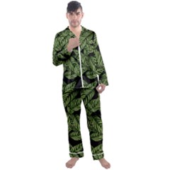 Leaves Pattern Tropical Green Men s Satin Pajamas Long Pants Set by Pakrebo