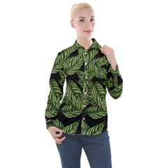 Leaves Pattern Tropical Green Women s Long Sleeve Pocket Shirt