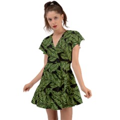 Leaves Pattern Tropical Green Flutter Sleeve Wrap Dress by Pakrebo