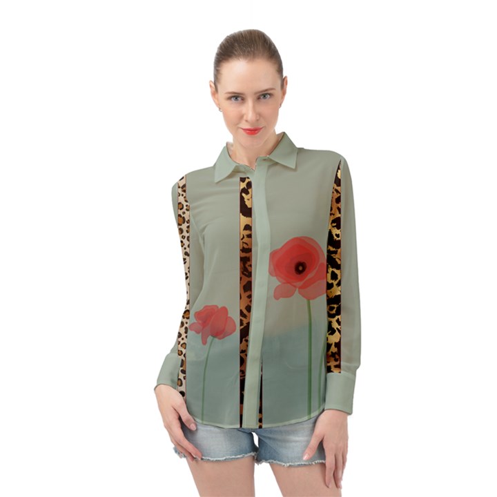 Poppies and Leopard Print Stripe Sage Green Long Sleeve Chiffon Shirt