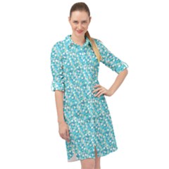 Azurite Blue White Floral   Long Sleeve Mini Shirt Dress by 1dsign