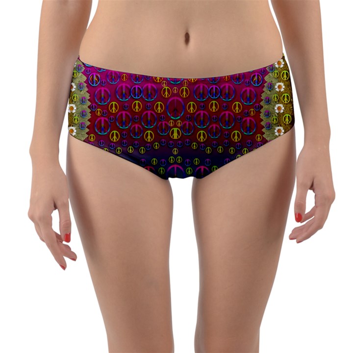 Signs Of Peace  In A Amazing Floral Gold Landscape Reversible Mid-Waist Bikini Bottoms