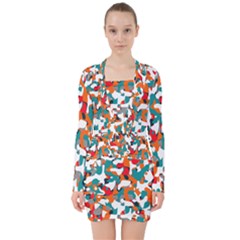 Pop Art Camouflage 1 V-neck Bodycon Long Sleeve Dress